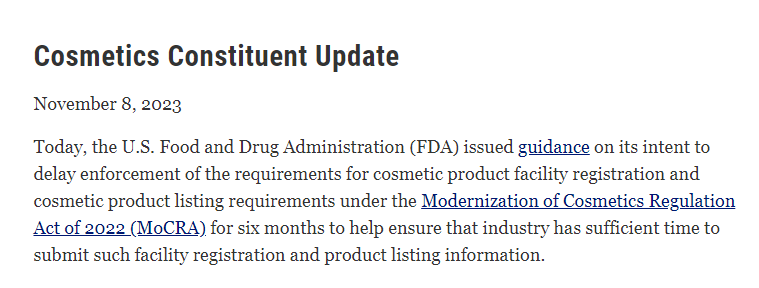 FDA,化妆品,工厂注册,产品清单,登记,执行时间